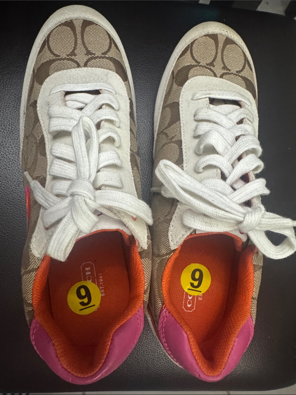 Coach Brown Logo classic Sneakers with White, Orange & Pink Accents